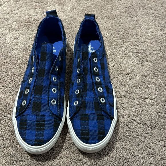 Corkys!! Size 10 ! Blue and black plaid slip on! NWOT pink bottom - Picture 7 of 7